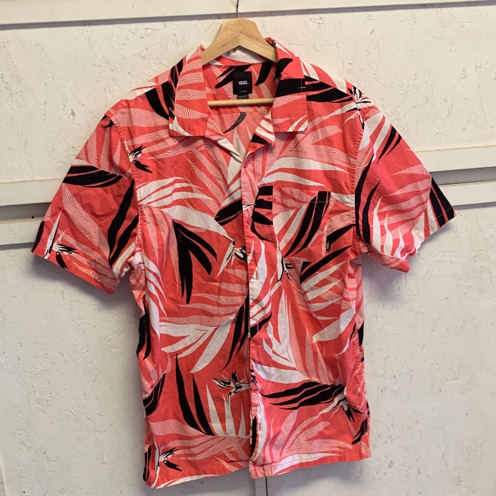 Vans Coral and Black Leaf Print Shirt